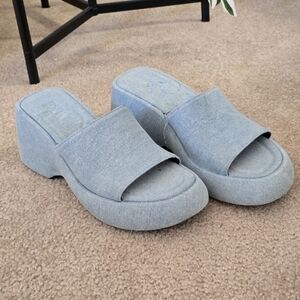 Zara Platform Wedge Chunky Light Blue Denim Slide Sandals Size 38
